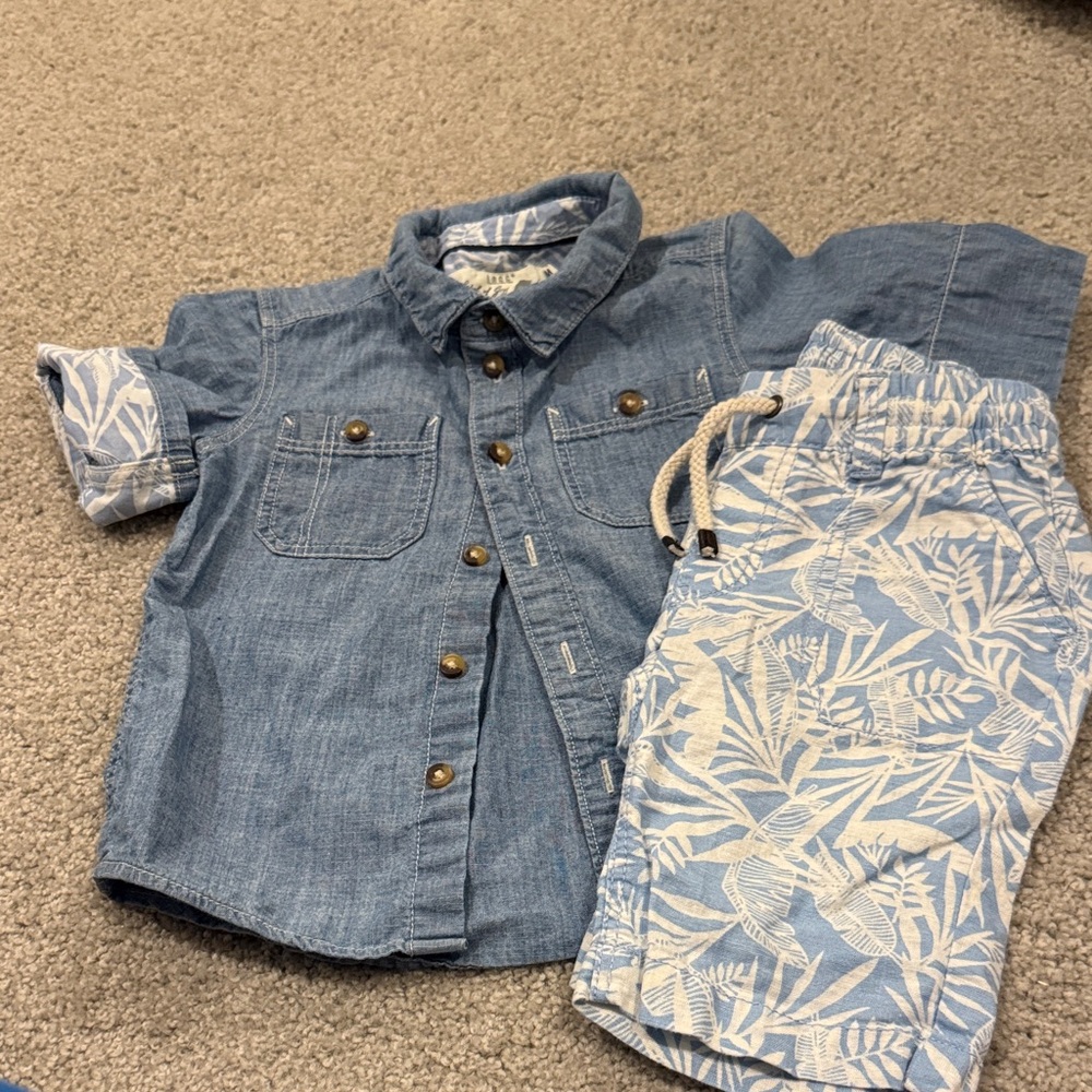 Toddler Denim Button-Up Shirt & Blue Leaf Print Short Set